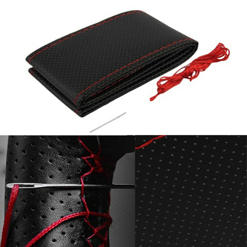 Black+Red PU Leather DIY Car Steering Wheel Cover 38cm With Needle And Thr.l8
