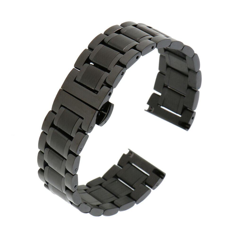 Men's Stainless Steel Watch Band Strap Bracelet Double Clasp Black 20mm