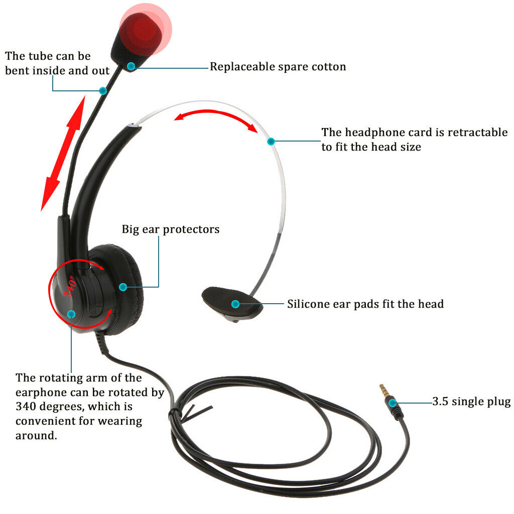 Monaural Headset with Mic, 3.5mm Plug, Compatible for Mobile Phone & Laptop