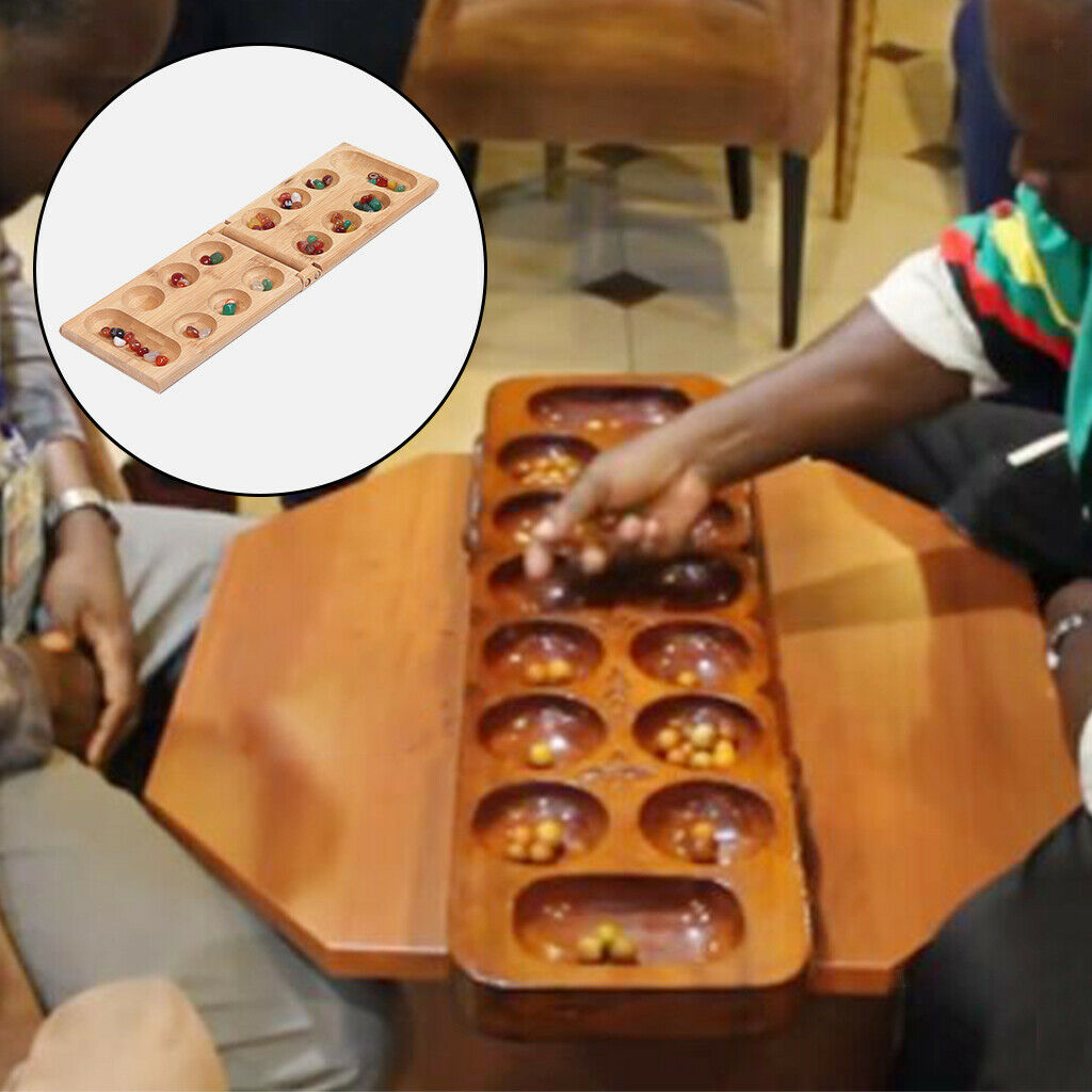 Portable Foldable Wooden Mancala Board Game with 48 Colourful Stones for Kids
