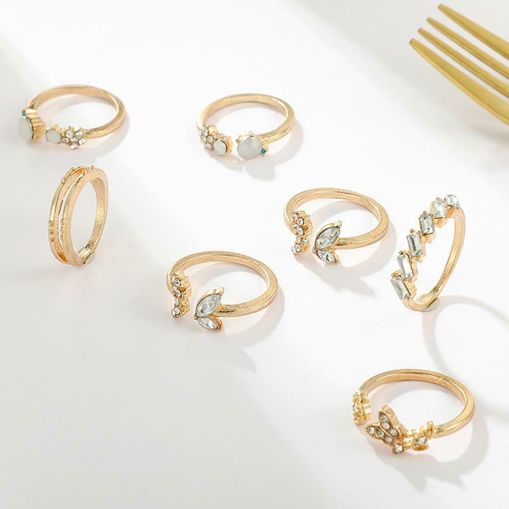 7pcs/set Rhinestone Butterfly Flower Ring Women Open Knuckle Rings Jewelry @