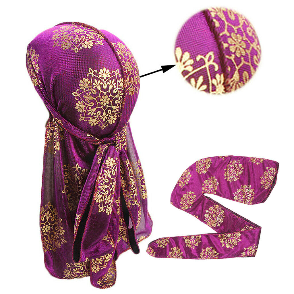 Men Women Silky Print Bandana Hat Durag Long Tail Headwrap Headwear Purple