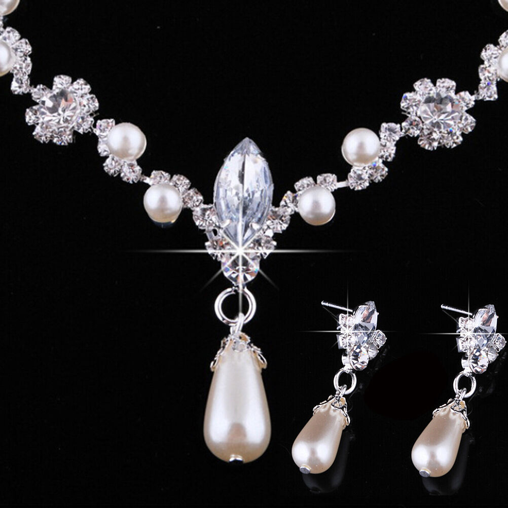 Fashion Wedding Faux Pearls Rhinestone Necklace Water Drop Earring Jewelr.l8