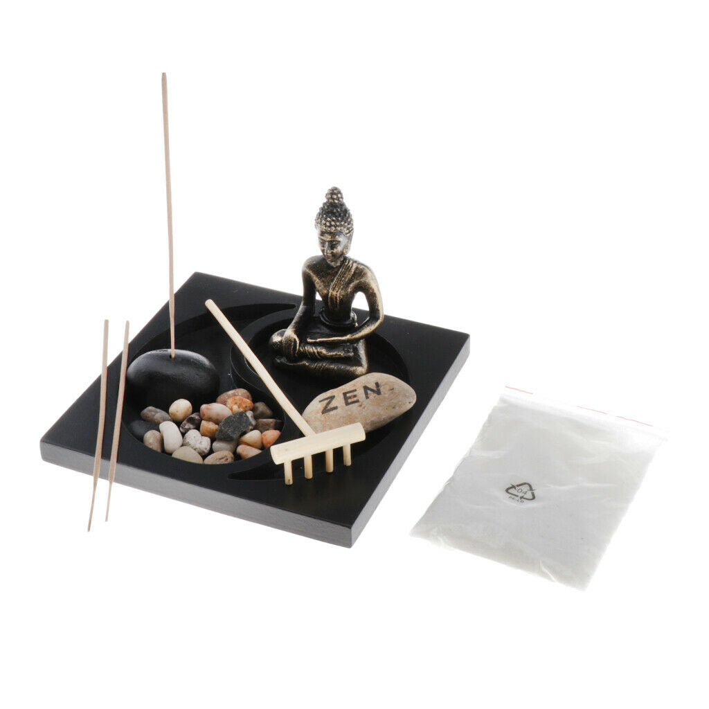 Meditation Buddha Statue Zen Garden Sand Rock Rake Incense Burner Scene
