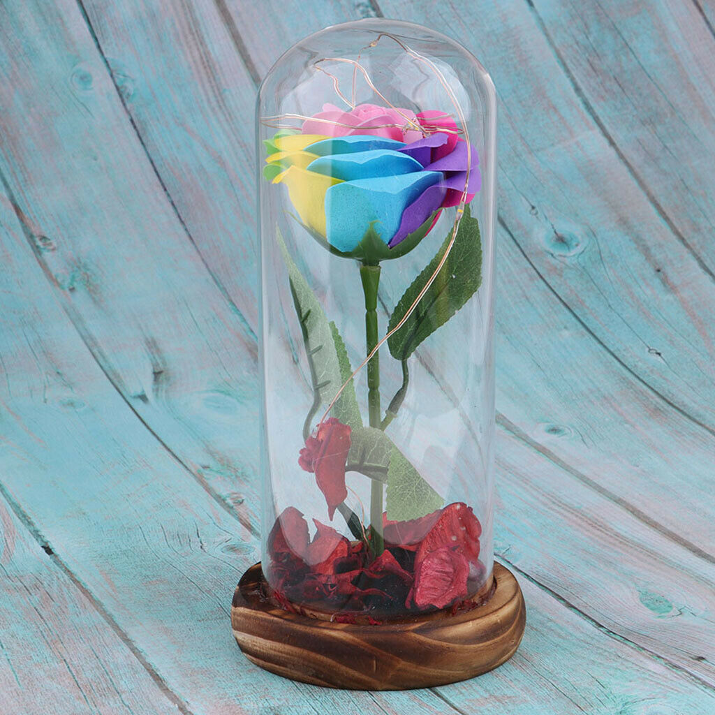 Flower and LED Light in Glass Dome on a Wooden Base Valentine Gift  A