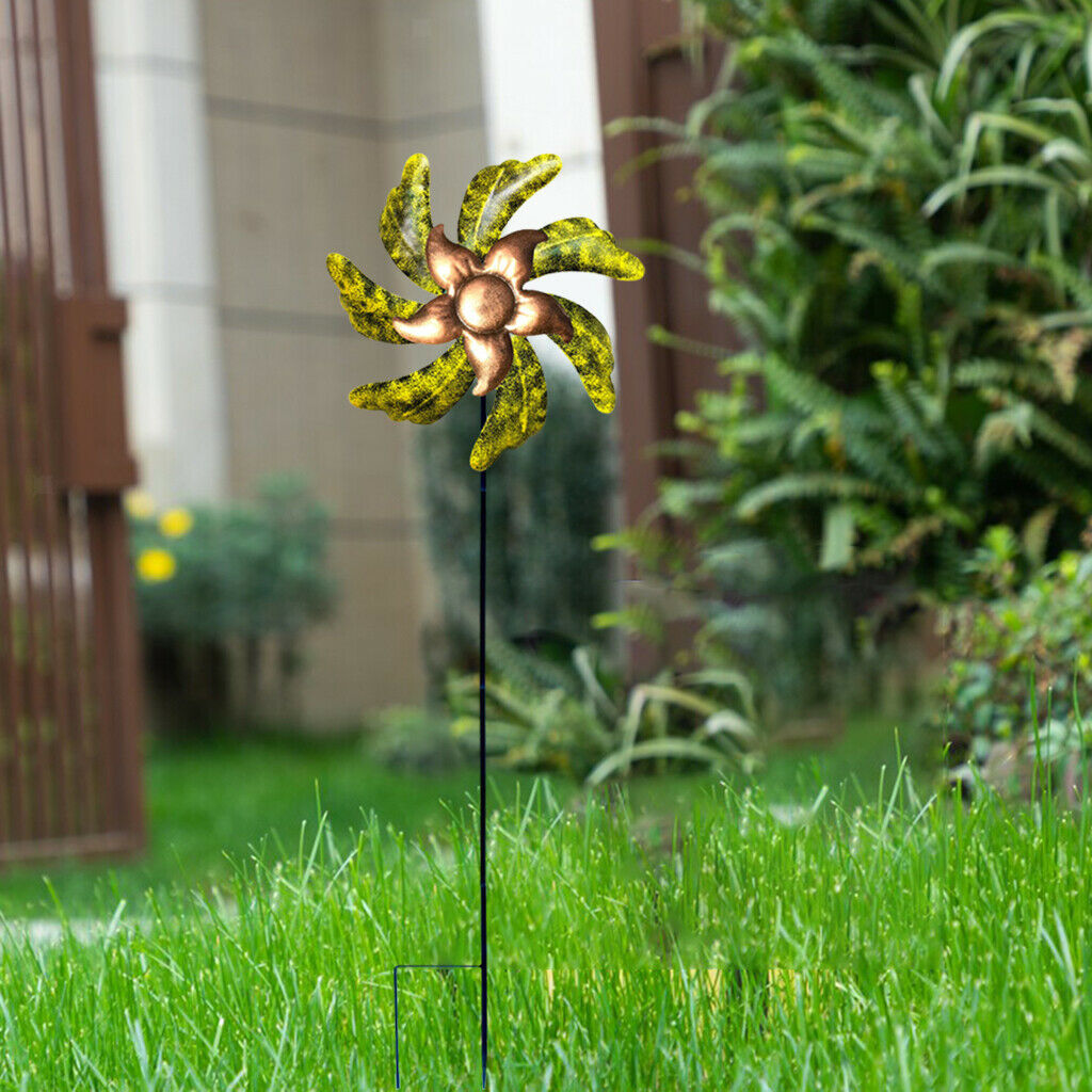 Iron Sun Flower Windmill Garden Wind Spinner with Ground Stake Lawn Yard
