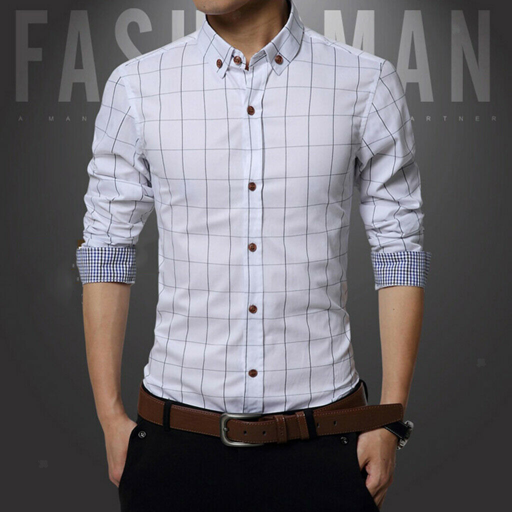 Mens Classical Plaid Print Shirt Cotton Causal Long Sleeve Shirt M White