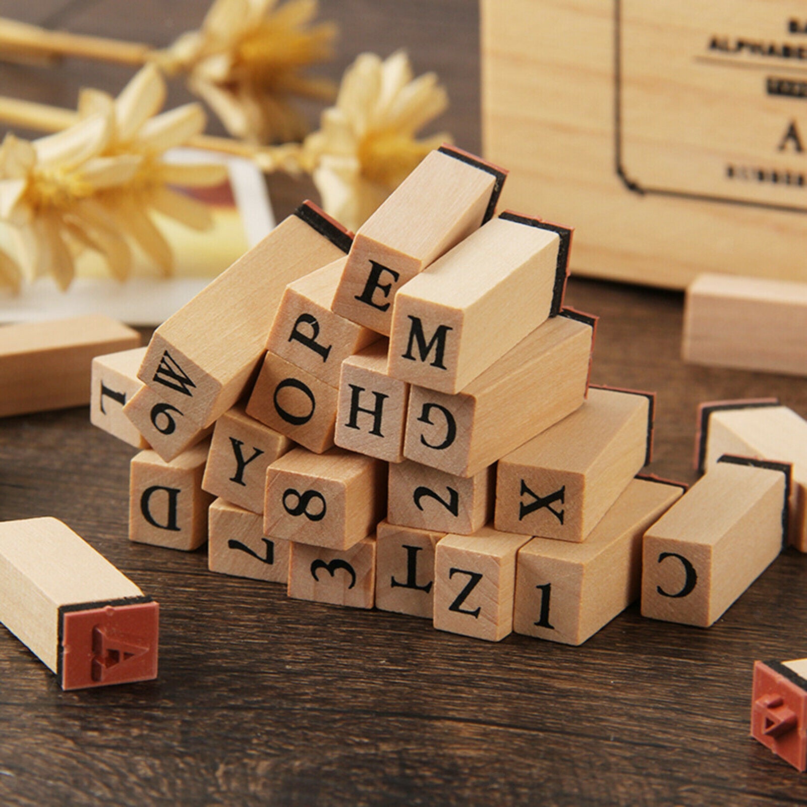 36PCS RUBBER LETTER STAMP ALPHABET WOODEN BOX SET Upright Letters