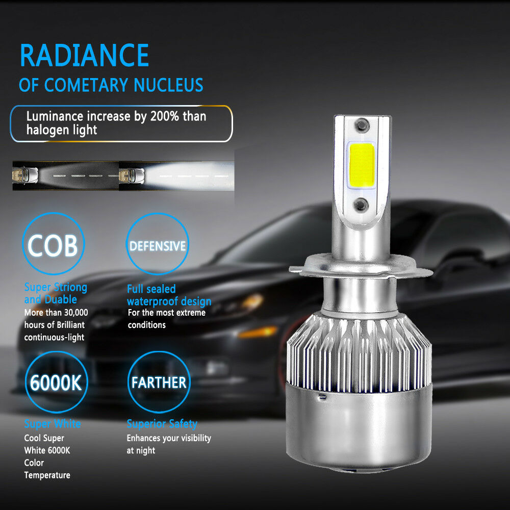 1Pair Car COB H7 C6 12000LM 72W LED Headlight Kit Hi/Lo Turbo Light 6000K Bulbs