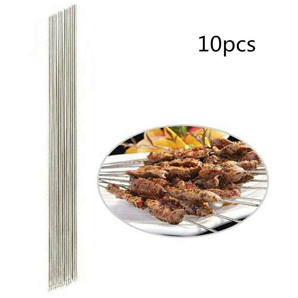 10Pcs Metal Skewer Stainless Steel BBQ Skewers Barbecue Meat Kebab Shish US