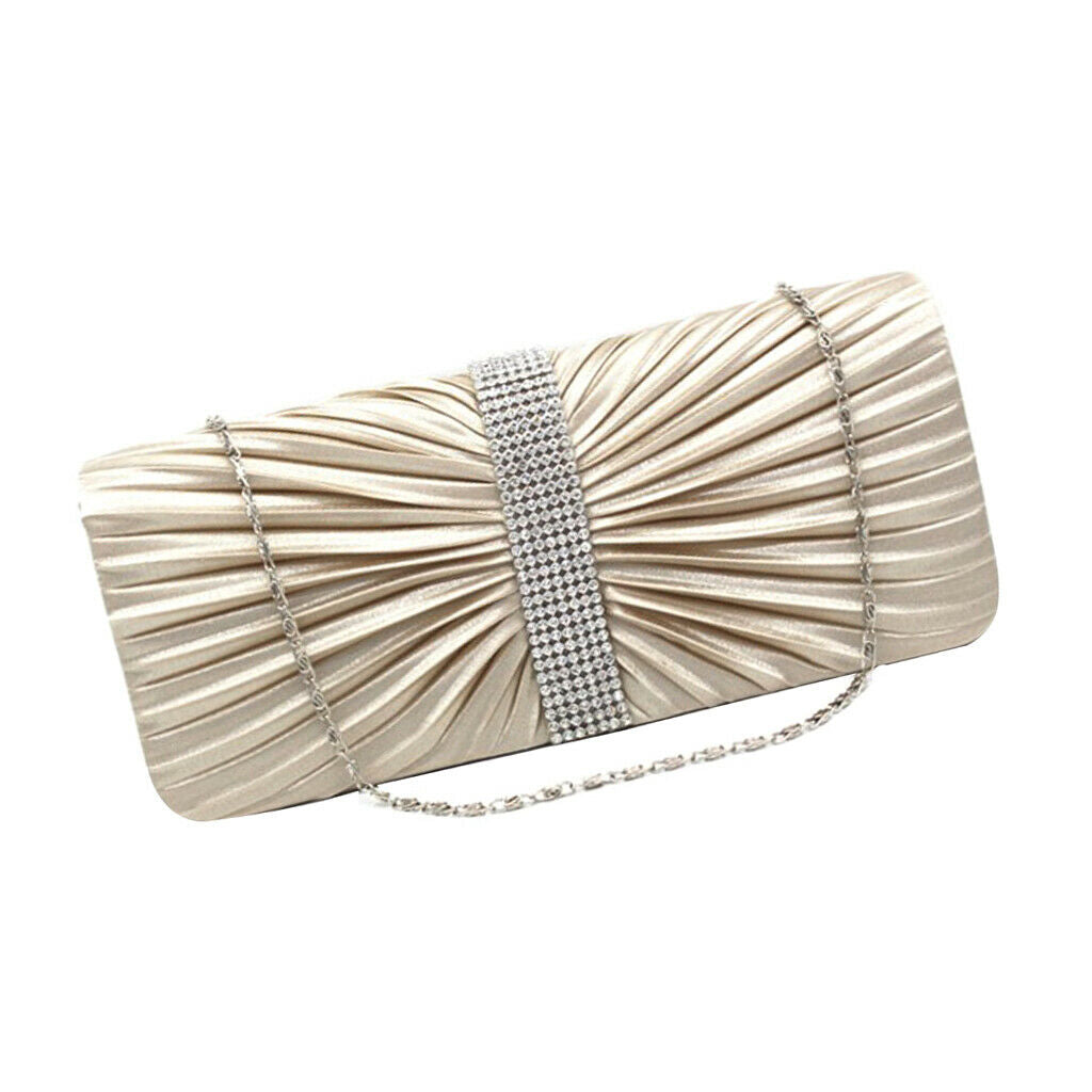 Women Elegant Crystal Satin Pleated Evening Party Wedding Handbag Apricot