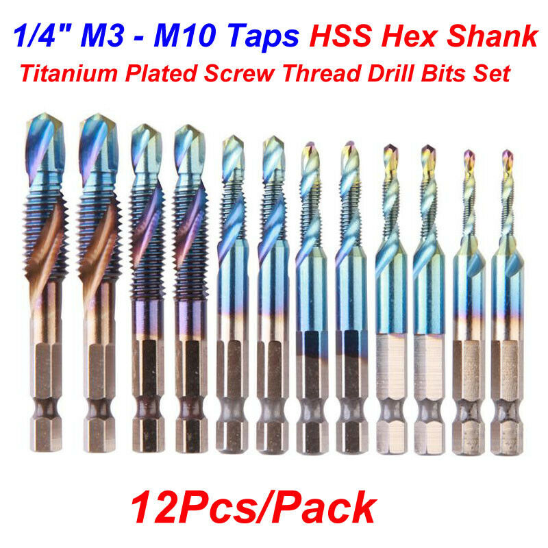 1/4" HSS Hex Shank Titanium Plated Screw Thread Drill Bits Set M3- M10 Tap 12Pcs