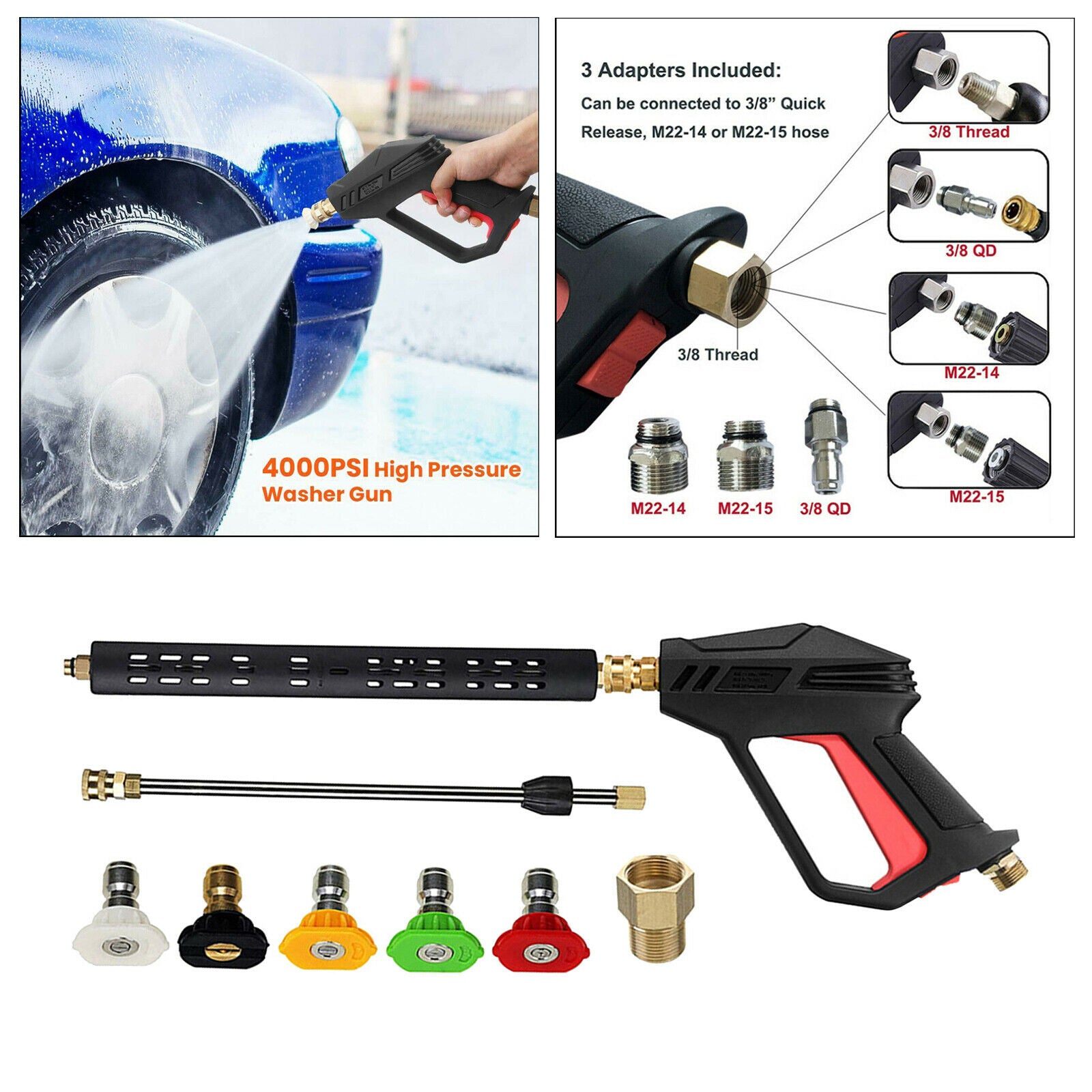 4000 PSI High Pressure Power Washer Spray Gun Wand Lance Nozzle Tips Kit