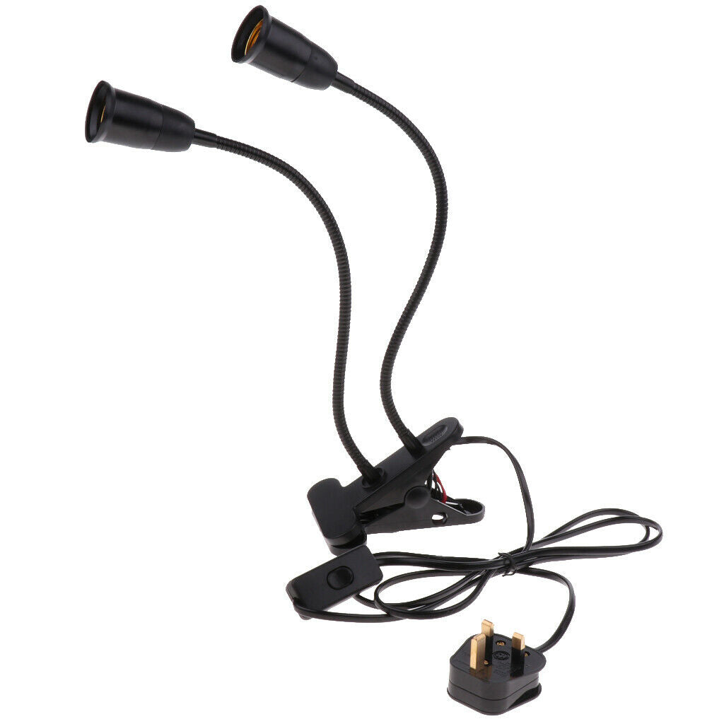UK Plug E27 2-head Clip on Reading Light Base Desk Reading Lamps Socket Black