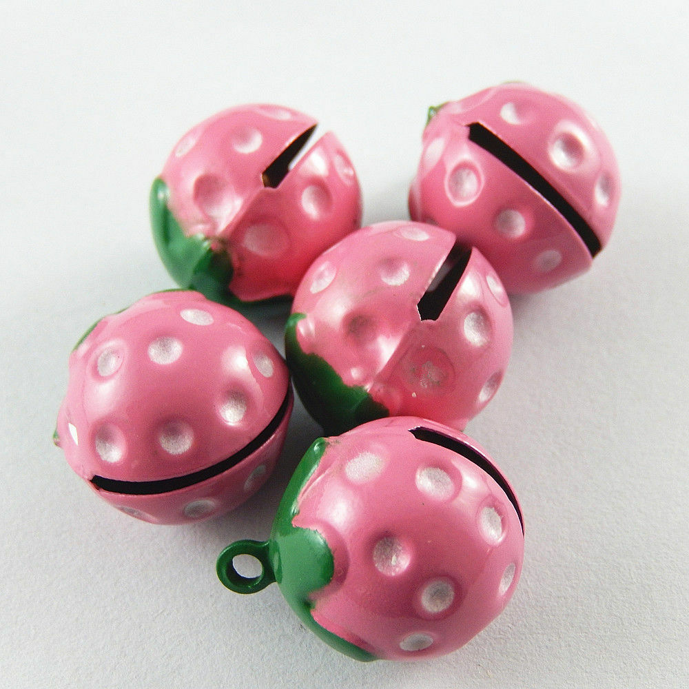 10-pack Pink Strawberry Jingle Bells Brass Pendant Keychain Drop Dangle Charm