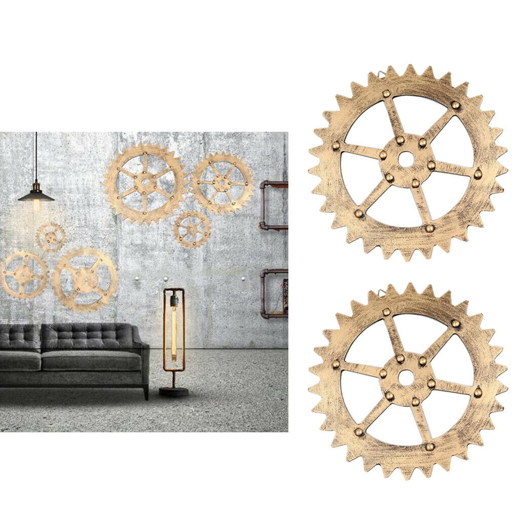 2Pcs Golden Wheel Gear Wall Signs Wooden Art Wall Hanging Home Decor Diameter