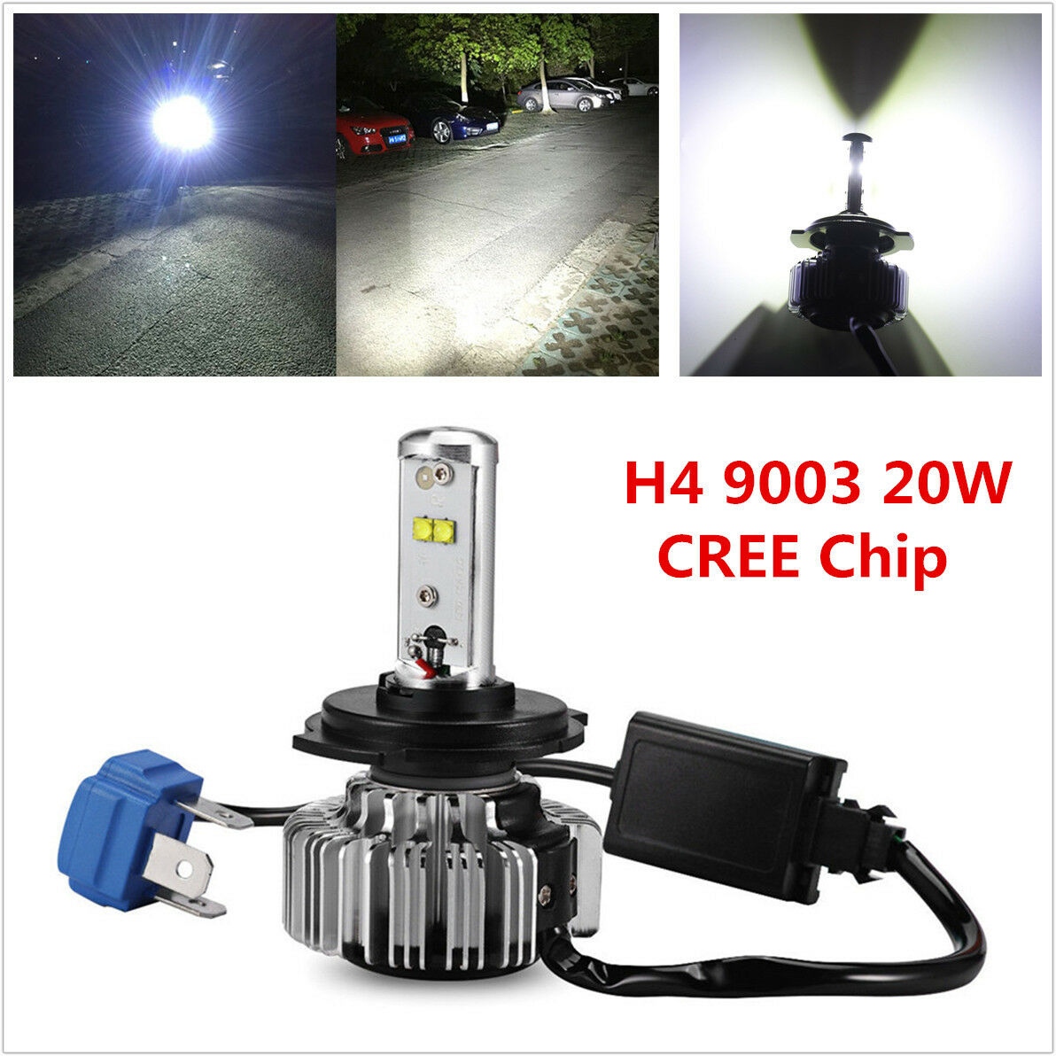 1Pcs H4 9003 20W  Chip Motorcycle Bike LED Headlight Hi-Lo 6000K 3000LM Bulb