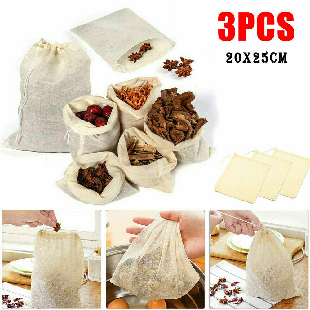3* Cotton Nut Milk Bags Reusable Food Strainer Brew Coffee Juice Cheese Cloth ~
