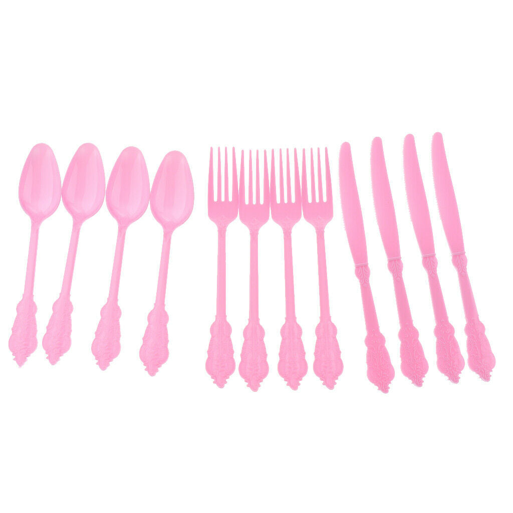 12pcs Embossed Disposable Cutlery Kid Birthday Party Tableware Decor Pink