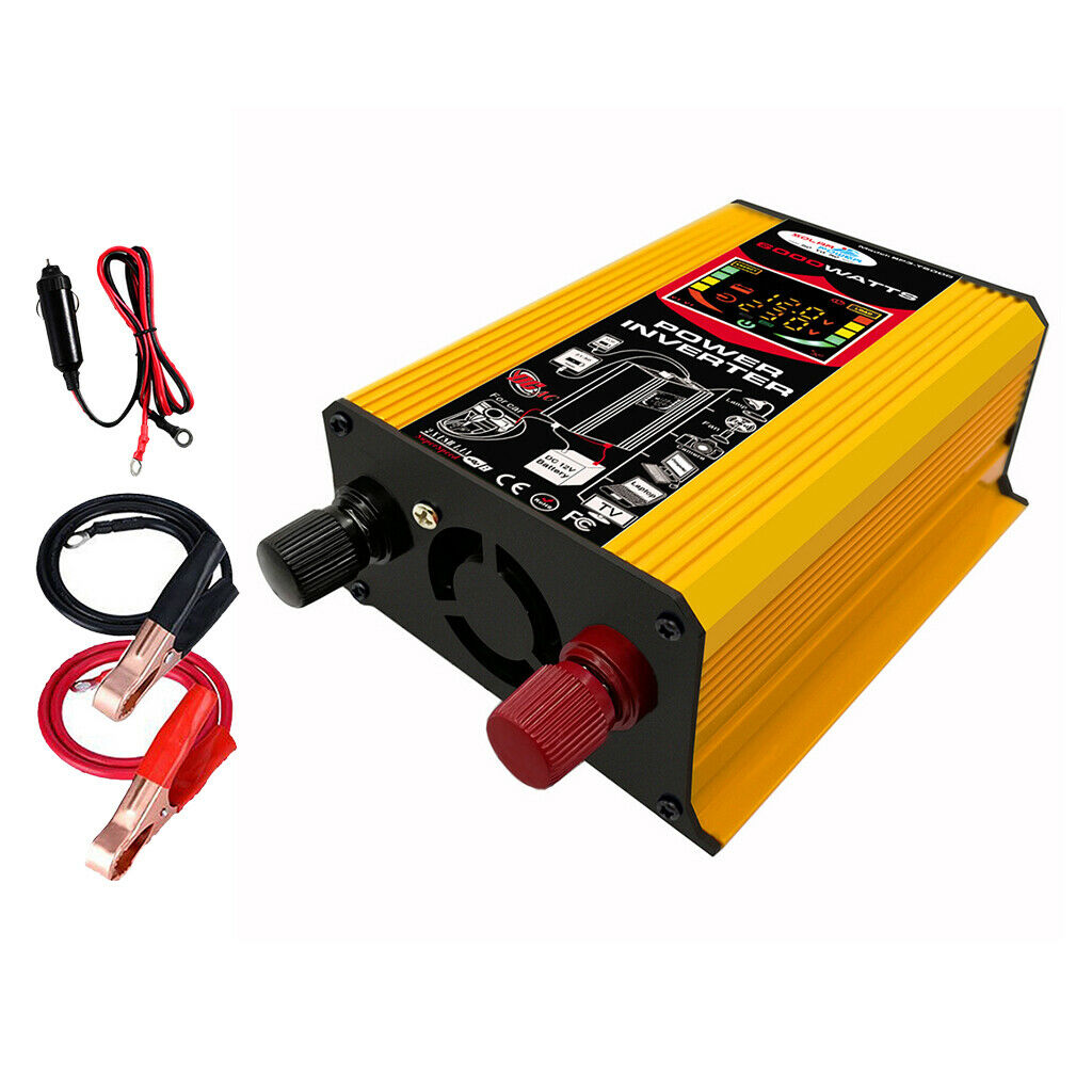 (6000W Peak) Car Power Inverter 12V to 110V Pure Sine Wave Converter Yellow