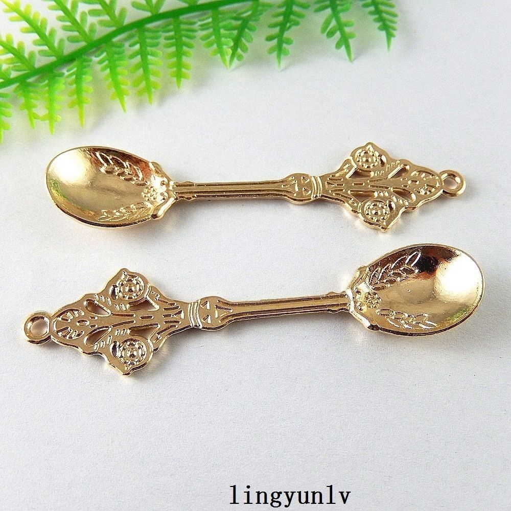 10-pack Golden Alloy Floral Spoon Pendant Jewelry Making Charm Art Craft 63x14mm