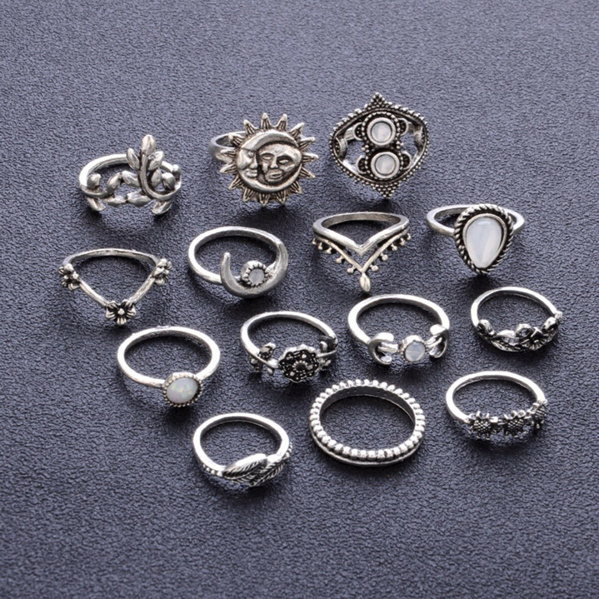 14 PCS/set BOHO Moon & Sun Knuckle Opal Finger Ring Set Leaf Flower Midi Rings