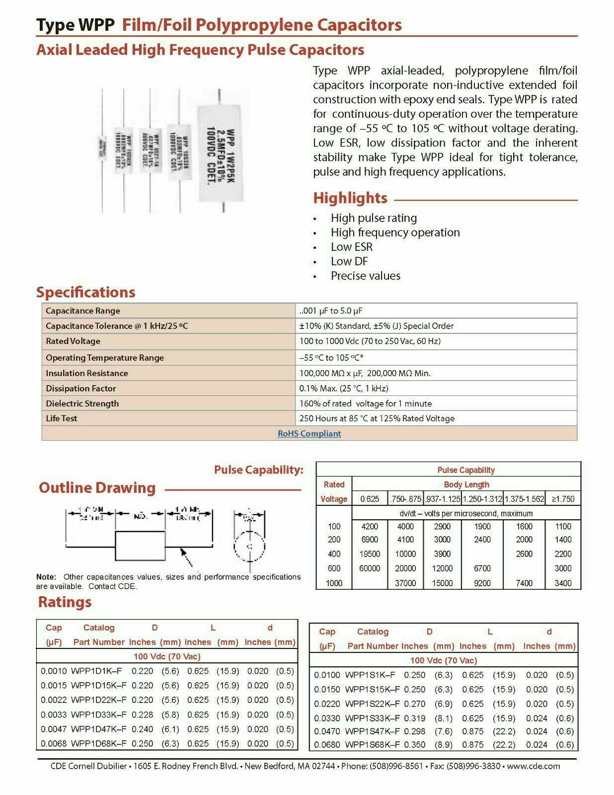 4pcs-Cornell Dubilier (CDE) WPP 0.033uF 1000V 5% WPP10S33J Axial Film Capacitor