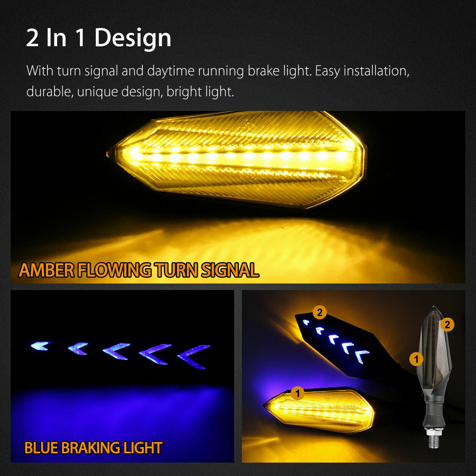 2x Motorcycle 12-LED Turn Signal Lamp Sequential Flowing Indicator Lights Amber