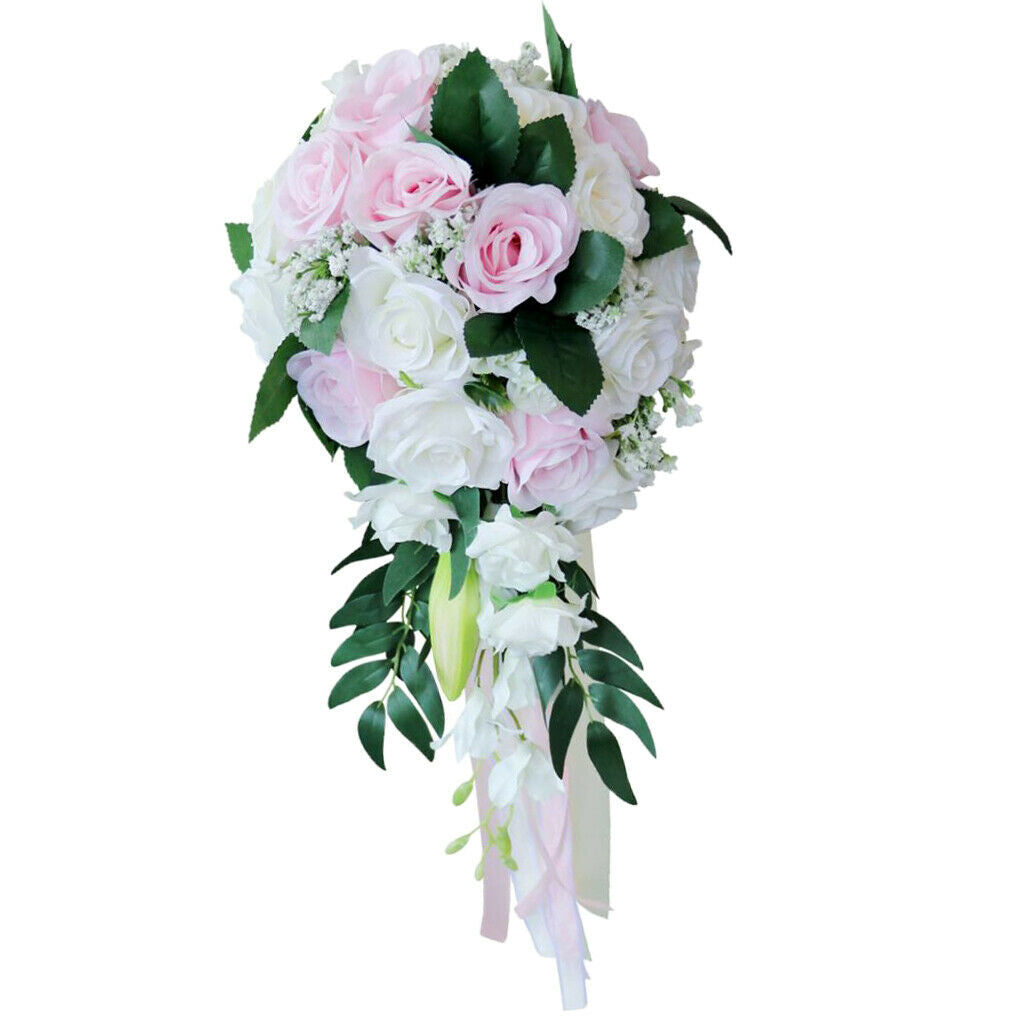 Wedding Hand Bouquet Bridal Holding Artificial Flowers White + Pink