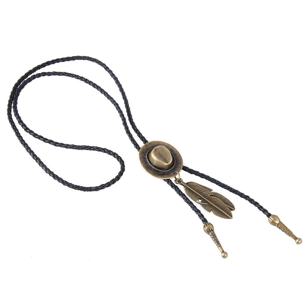 2Pcs Hat Design Bolo Tie Necklace Feather Pendant Jewelry Handmade PU Leather