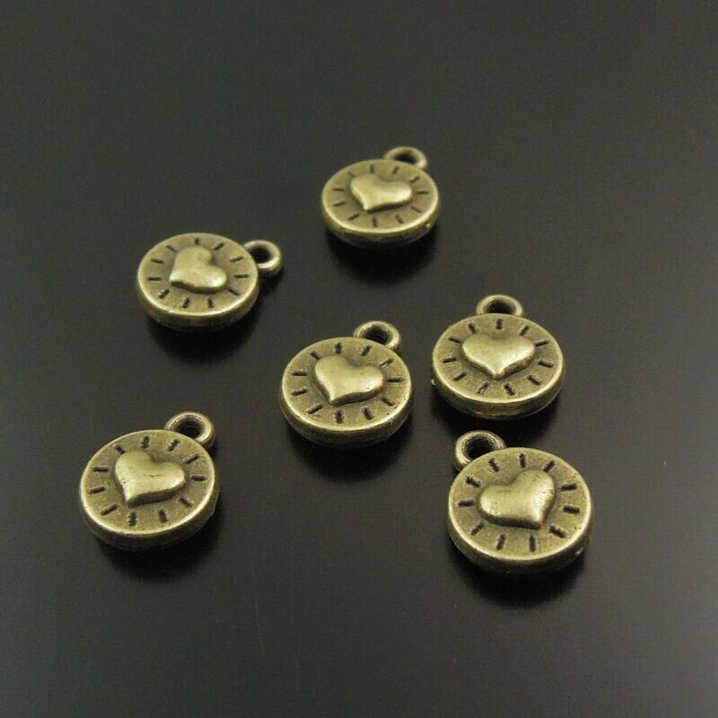 120 pcs Antiqued Bronze Heart Alloy Charm Round Pendant Earring Findings 8*8*2mm