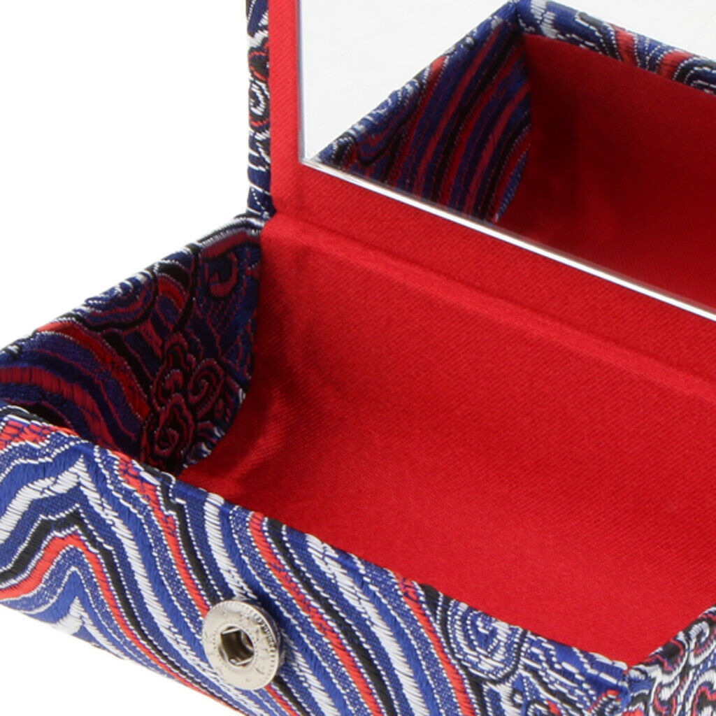 Embroidery Jewelry Makeup Lipstick Holder Case with Mirror Blue