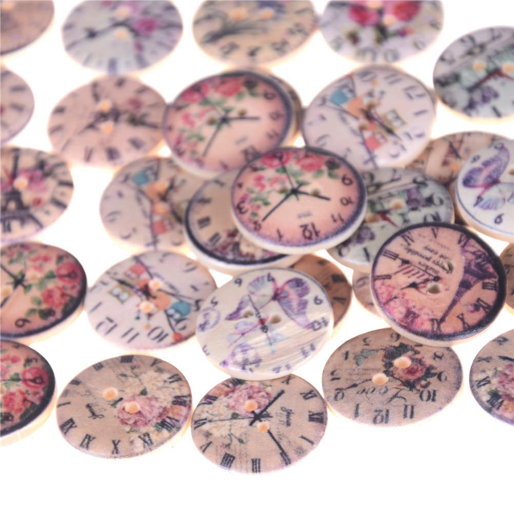 50pcs/set Retro Clocks Woodens Buttons 2Holes Painted Mini Wooden Buttons Cra SJ