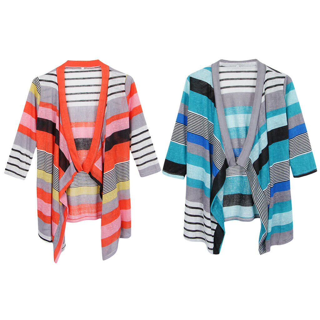 Women's 3/4 Sleeve Irregular Stripe Open Front Shawl Kimono Cardigan Red S
