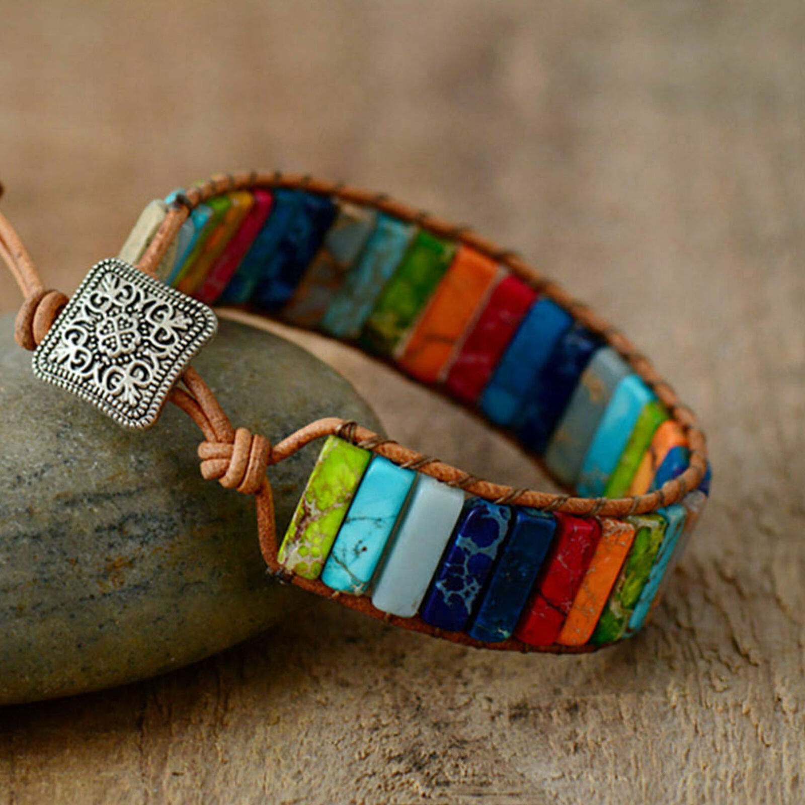 Prayer Handmade 7 Chakra Leather Wrap Bangle Natural Stone Tube Beads Bracelet