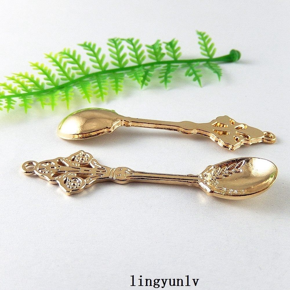 10-pack Golden Alloy Floral Spoon Pendant Jewelry Making Charm Art Craft 63x14mm