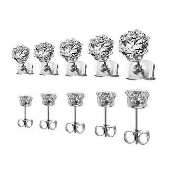 Set 5 Pairs 316L Stainless Steel Round Clear Cubic Zirconia Ear Stud Earring