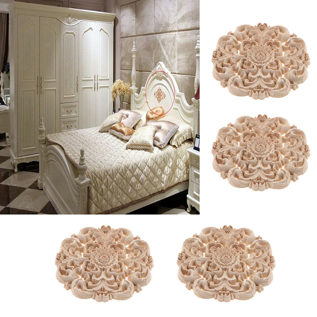 4Pcs Wood Carved Flower Appliques Round Cabinet Onlay with Natural Color