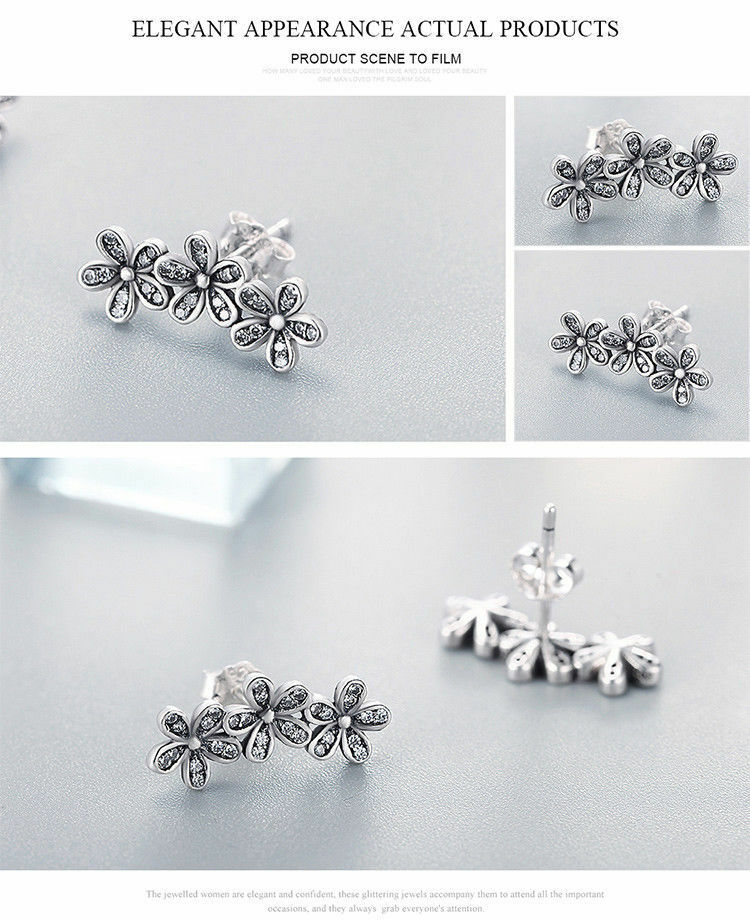 Authentic Dazzling Daisy Flower CZ stud Earrings fit sterling 925 women Jewelry