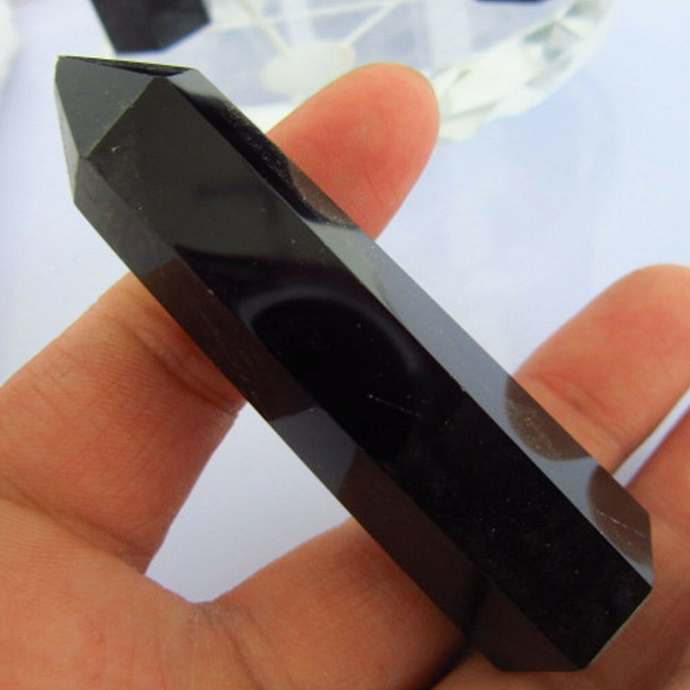 100% Natural Obsidian Black Quartz Crystal Stone Healing Point Hexagonal Wand US