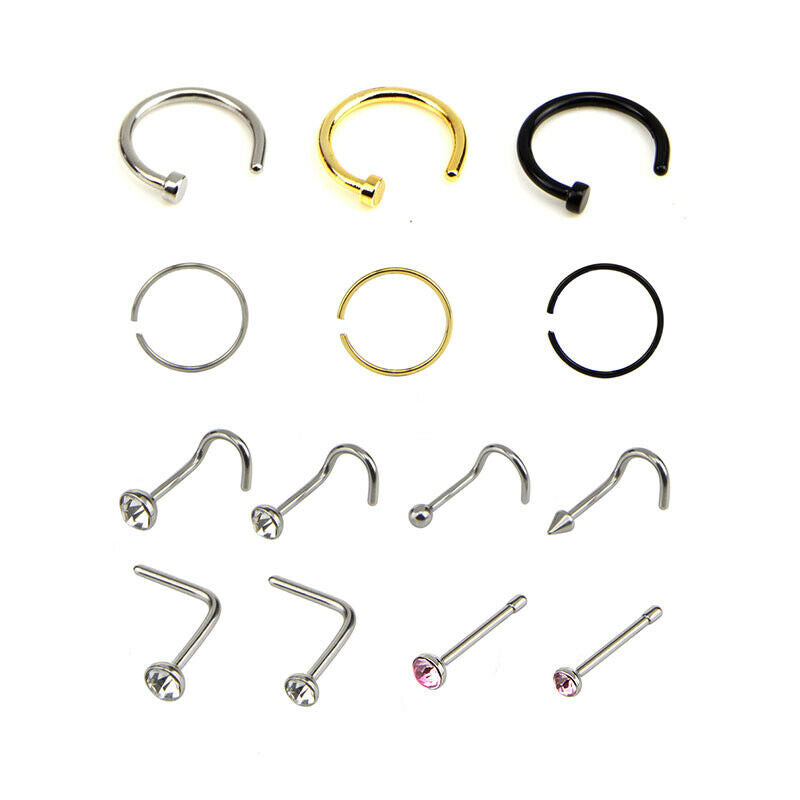 14Pcs/Set Rhinestone Nose Studs Hoop C Shape Ring Bone Bar Pin Piercing J.l8