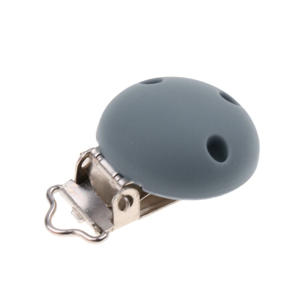 2Pcs Cute Baby Pacifier Round Silicone Soother Clip Metal Holders Clasp Gray