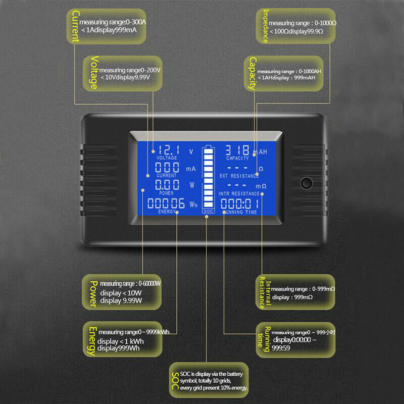 0-200V 300A Voltmeter Ammeter Digital Battery Tester Built-In Shunt Capacity RC9