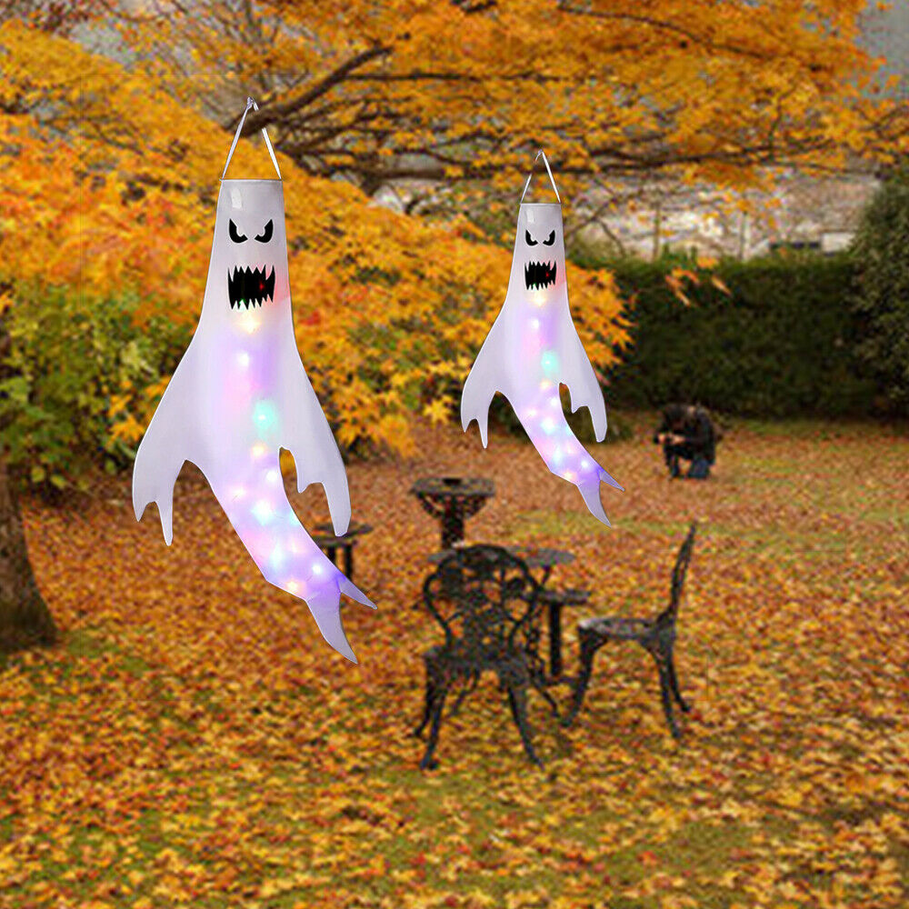 2 Pcs Halloween Ghost Windsocks with LED Light Spooky Hanging Flag Decorations