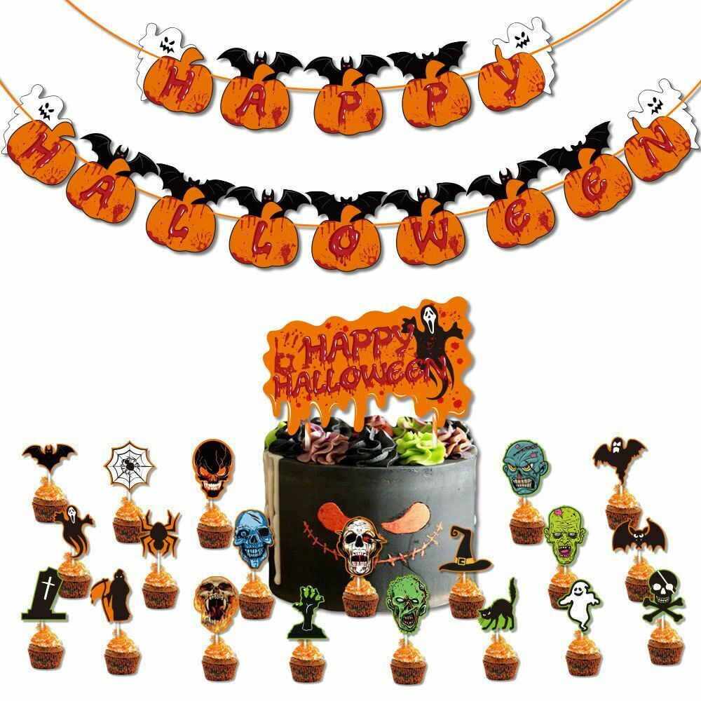 Festival Props Spider Cake Topper Banner Halloween Balloons Set Pumpkin Garland