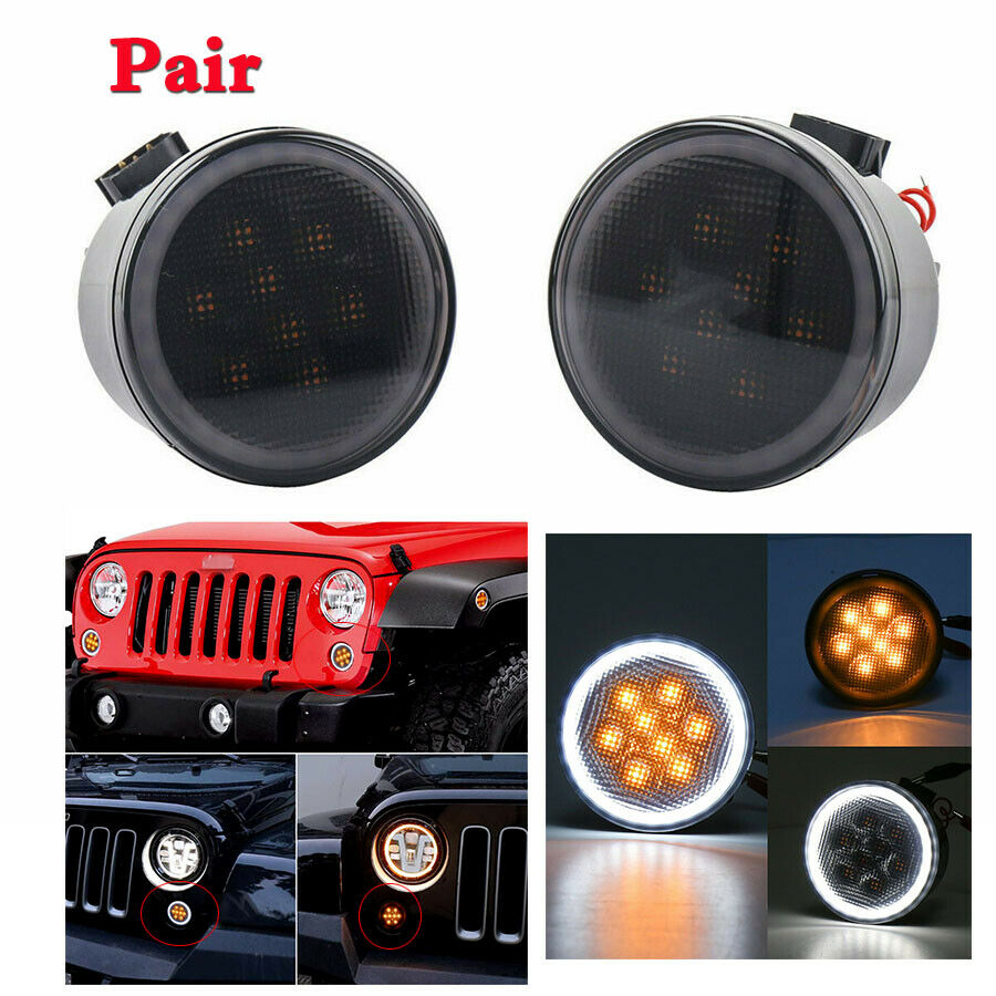 Pair LED Front Bumper Grille Turn Signal Light Halo Ring for Wrangler JK 07-18