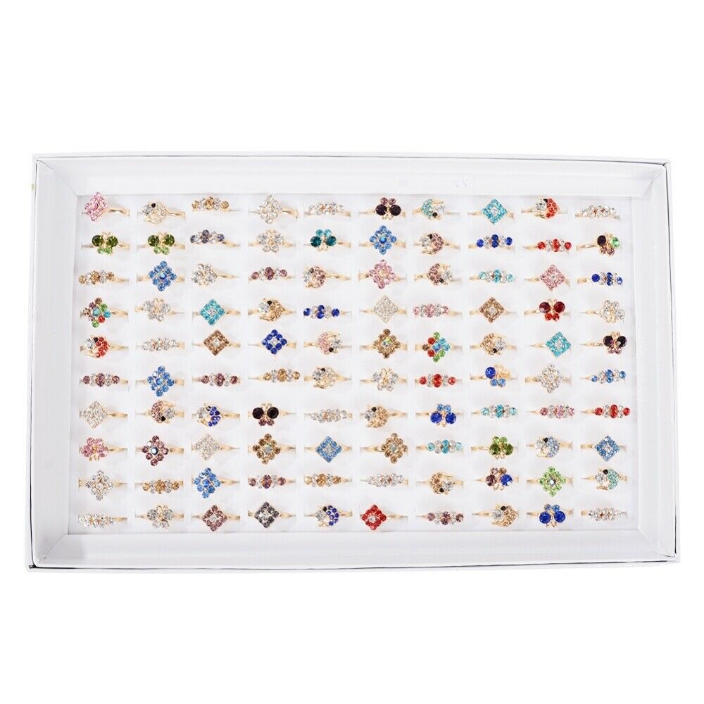 50pcs/Lot Wholesale Mixed Rings Crystal Rhinestone Flower Butterfly Finger Ring