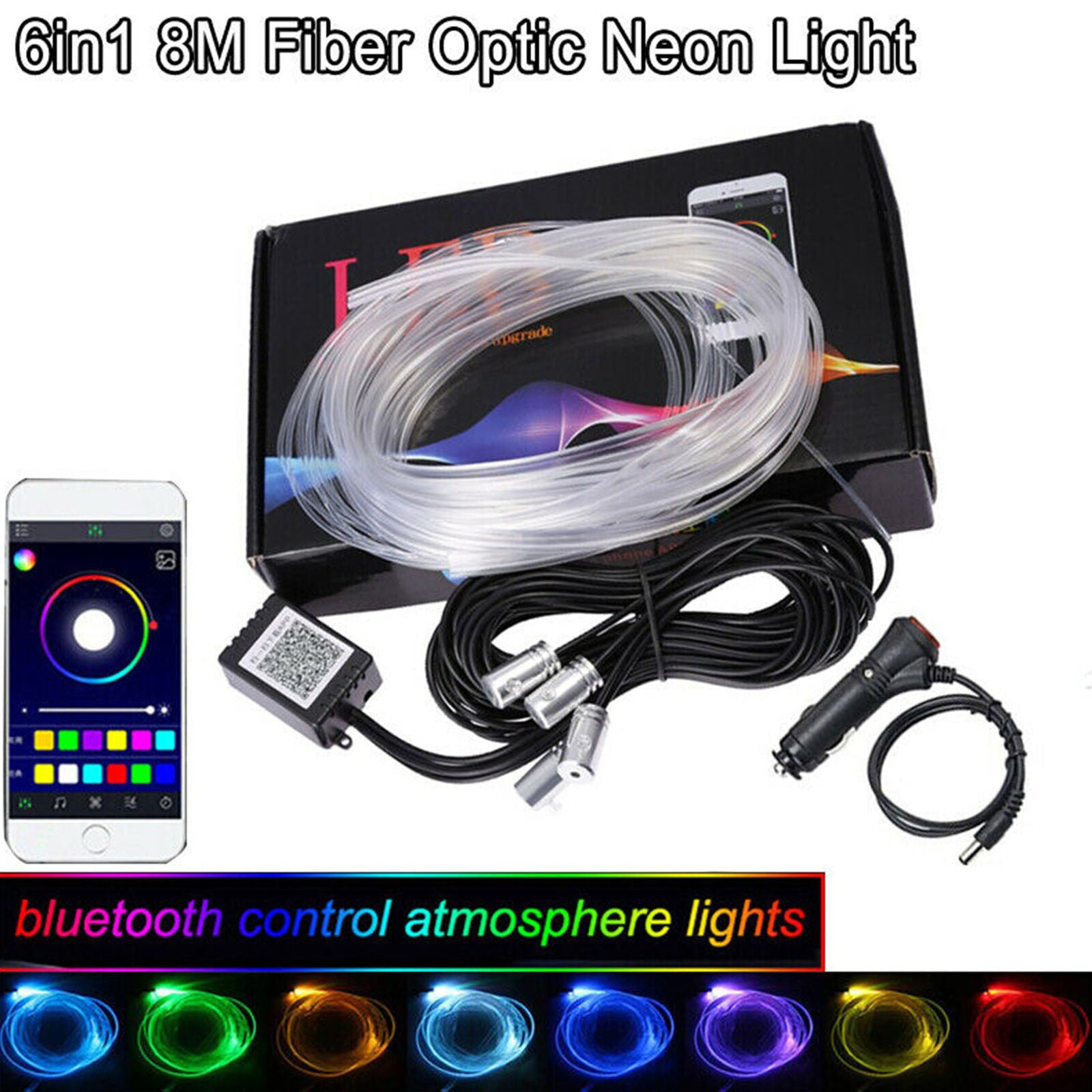 6in1 8M RGB LED Car Interior Fiber Optic Neon EL Wire Strip Light Atmosphere APP
