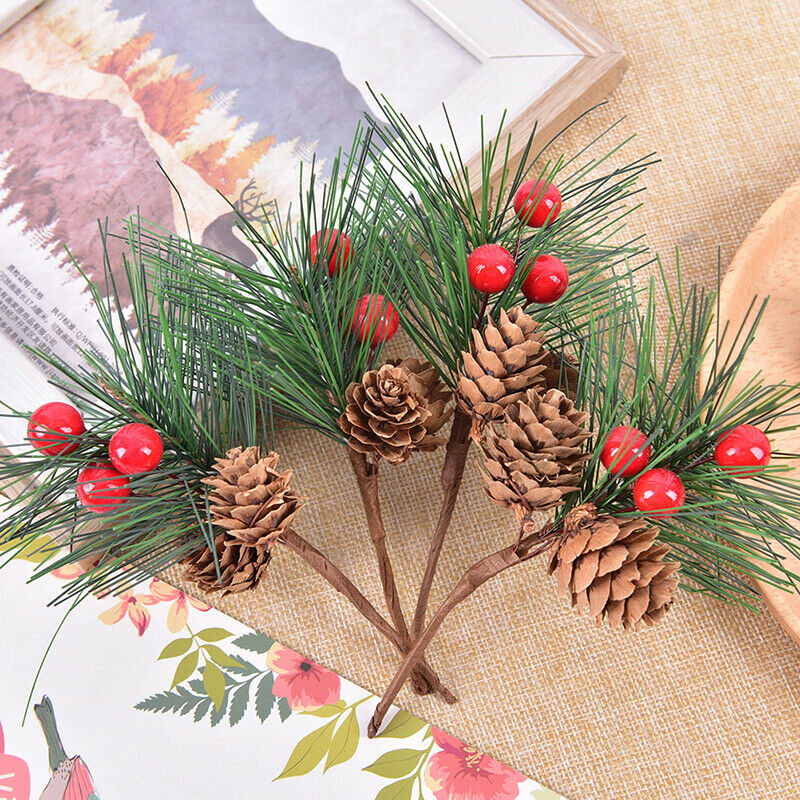 10pcs Artificial Berry And Pine Cone With Holly Branches Christmas Decorat*D TL