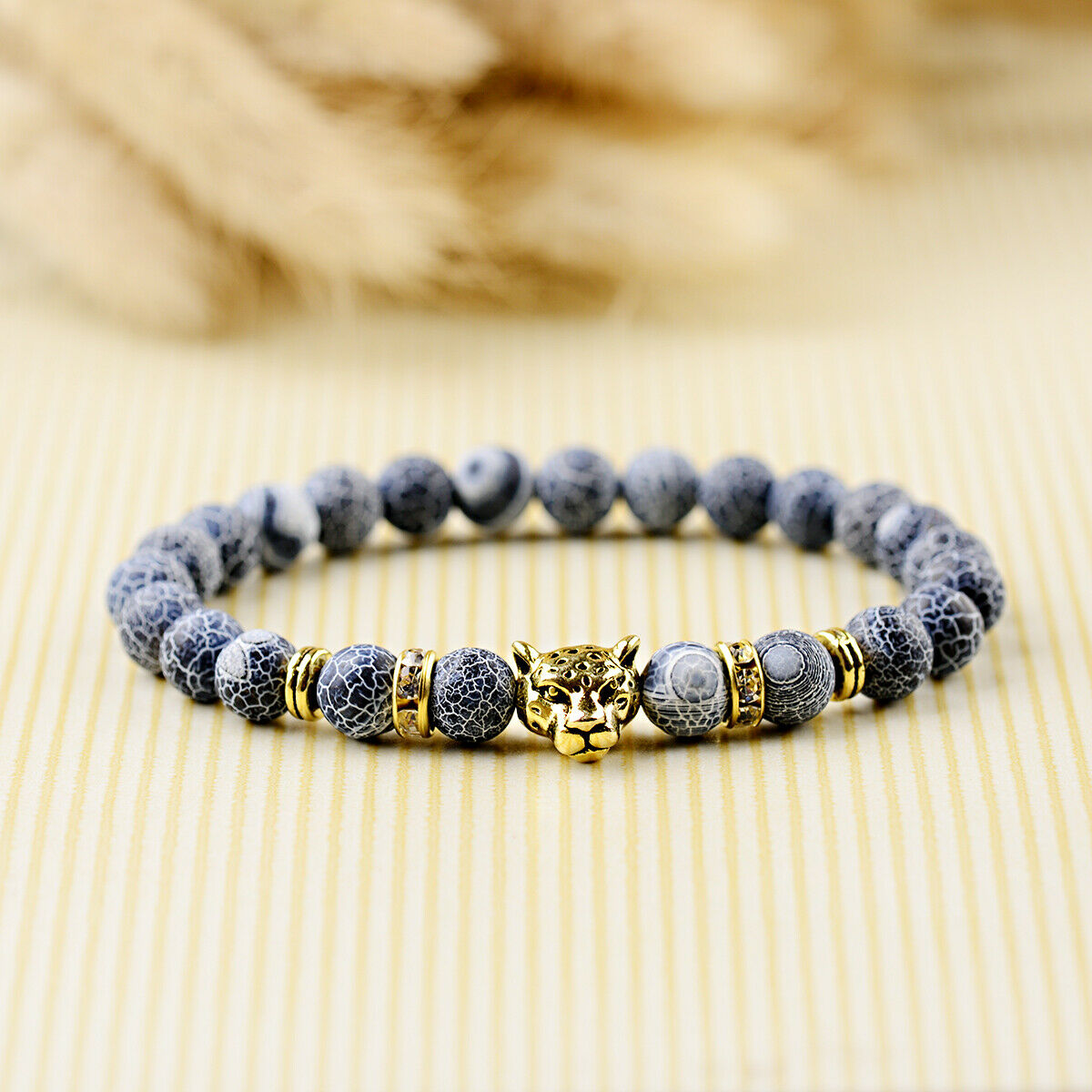 Fashion Man Leopard Head Beaded Bracelets Lava Rock Stone Beads Energy Bracelets